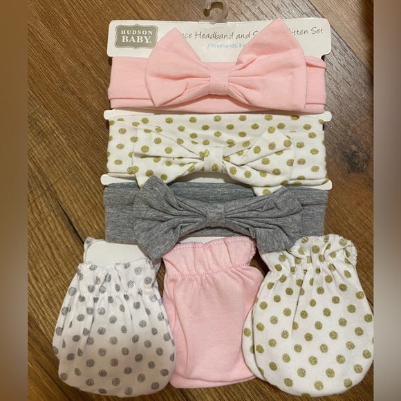 Hudson Baby Pink, Gold, and Gray Bow Headband Set - Picture 1 of 2